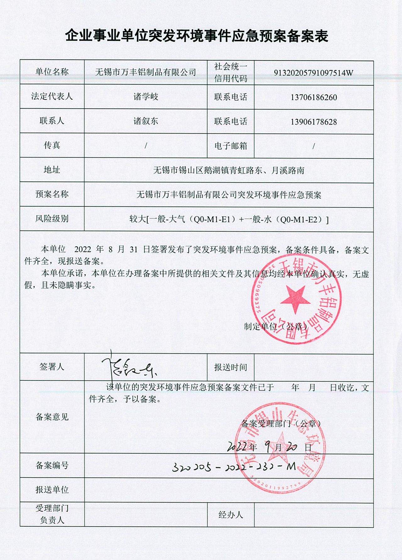 無(wú)錫市萬(wàn)豐鋁制品有限公司預案公開(kāi)公示